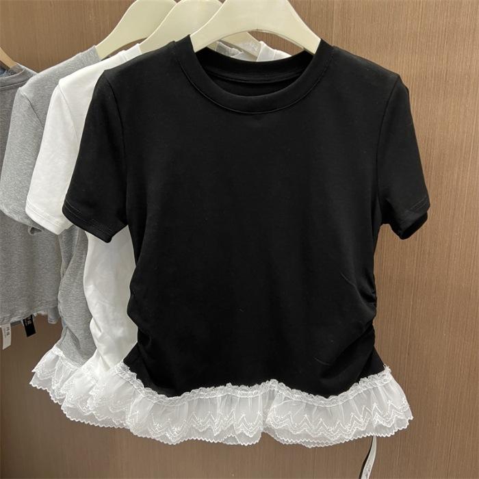 Special Xiaohongshu cotton elastane white lace splicing front shoulder short sleeve t-shirt women