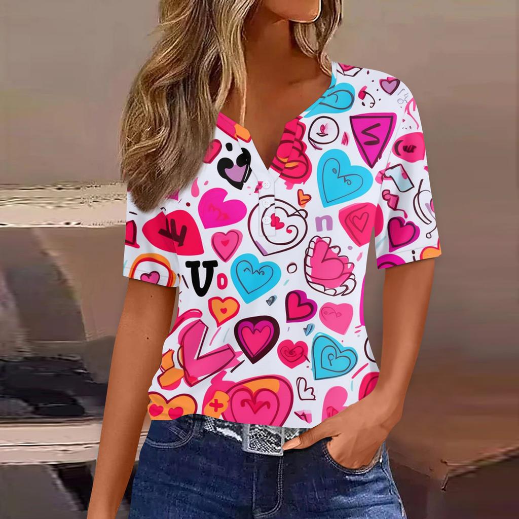 Damen T-Shirt Tee Print Knopf Kurzarm Täglich Wochenende Mode Basic V-Ausschnitt Regulär Oberteil Valentinstag