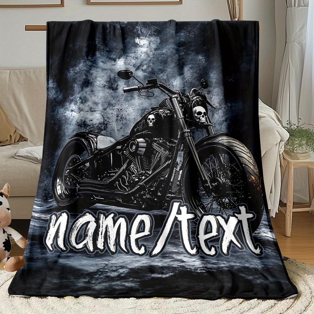 Personalized Motorcycle Blanket Name Skull Art Soft Fleece Throw Biker Gift Home Decor Dark Theme