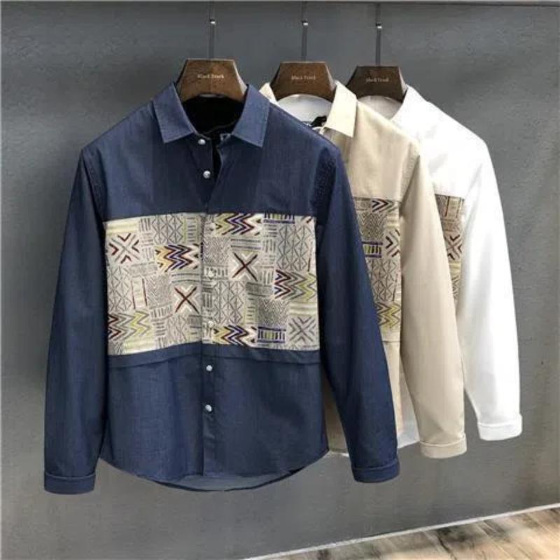 Japanese 2024 Men's New Patchwork Square Collar Button Printing Geometric Fashion Loose Minimalist Casual Long Sleeved Shirts