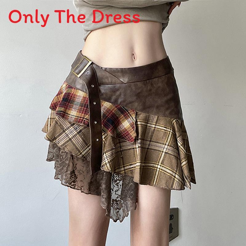 Street Style Punk Rock Womens Asymmetric Plaid Lace Midi Skirt For Summer Fashion