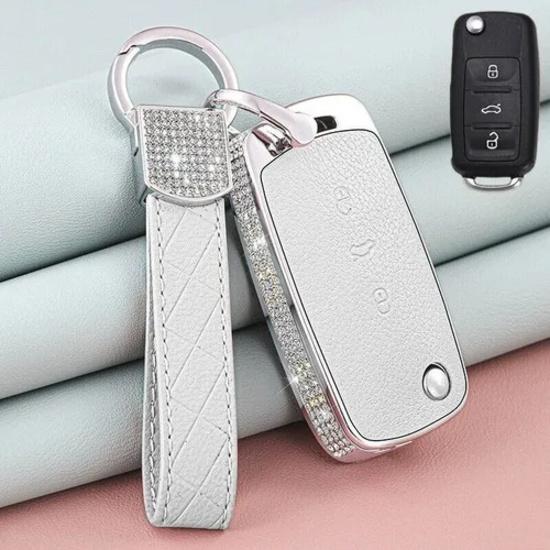 A+ Zinc Alloy Leather Diamond Car Key Case Cover For VW Polo Beetle Passat Jetta