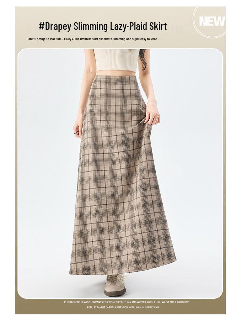 Women's 2026 Spring Retro Plaid High-Waist A-Line Skirt with Elastic Waist and Wide Hem