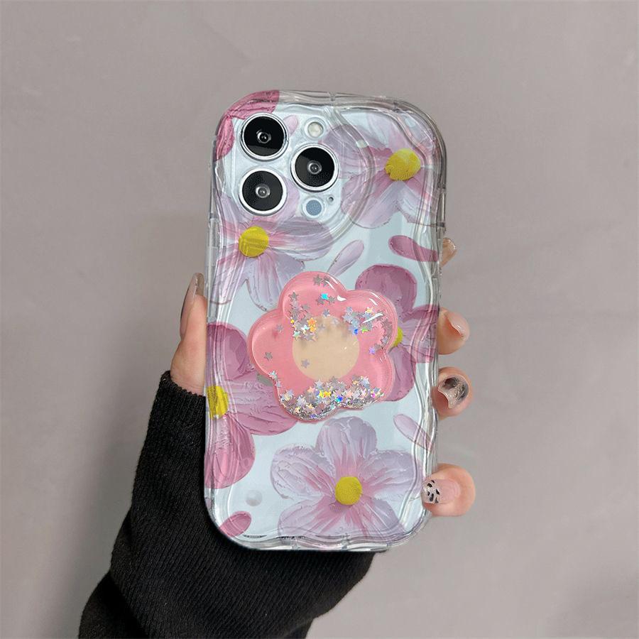 Korean Flower Bracket Holder 3D Wave Case For Realme 15 5G 15 14 13 12 Pro 11 Plus C71 C75 C53 C55 Note 60 C61 GT6 Cover Funda S