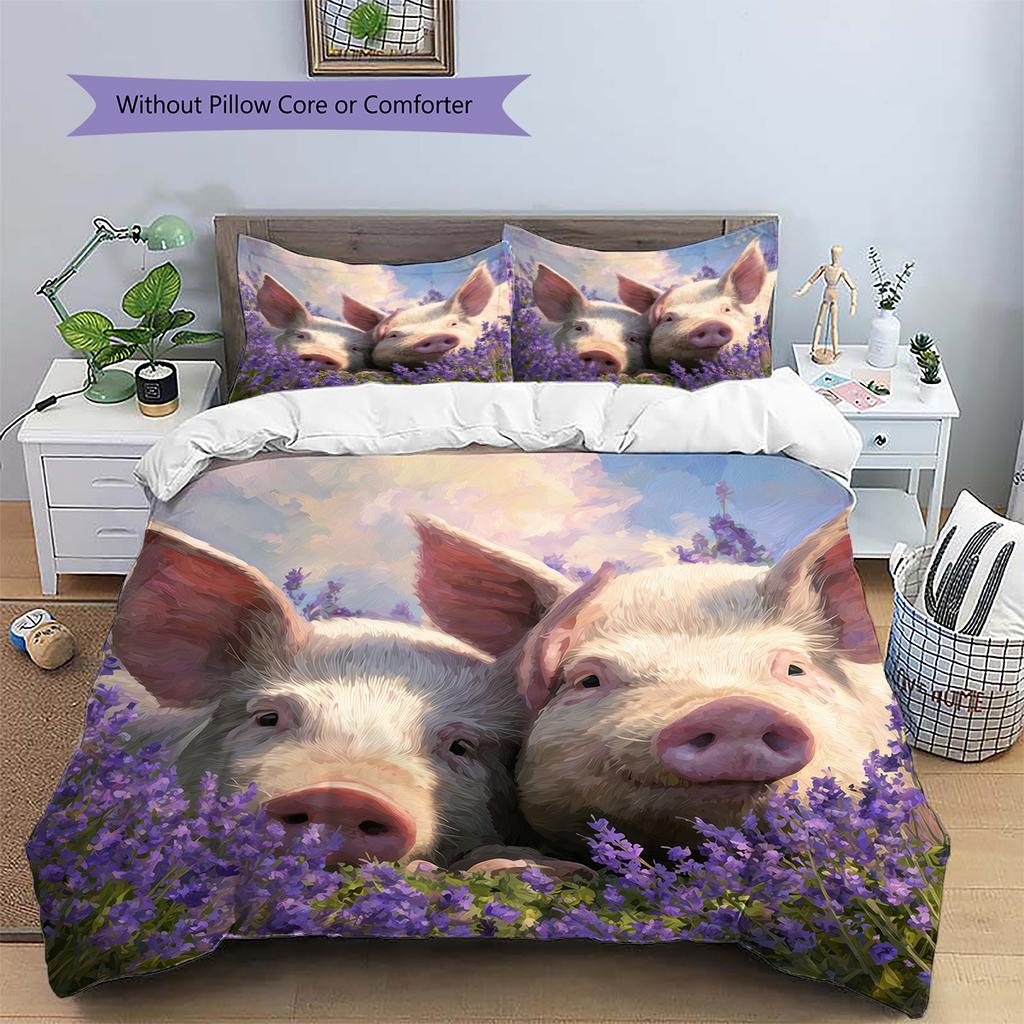 Pig and Flowers Pattern Bedding Home Decoration Birthday Gift (1 * Duvet Cover + 2 * Pillowcase, Without Core)