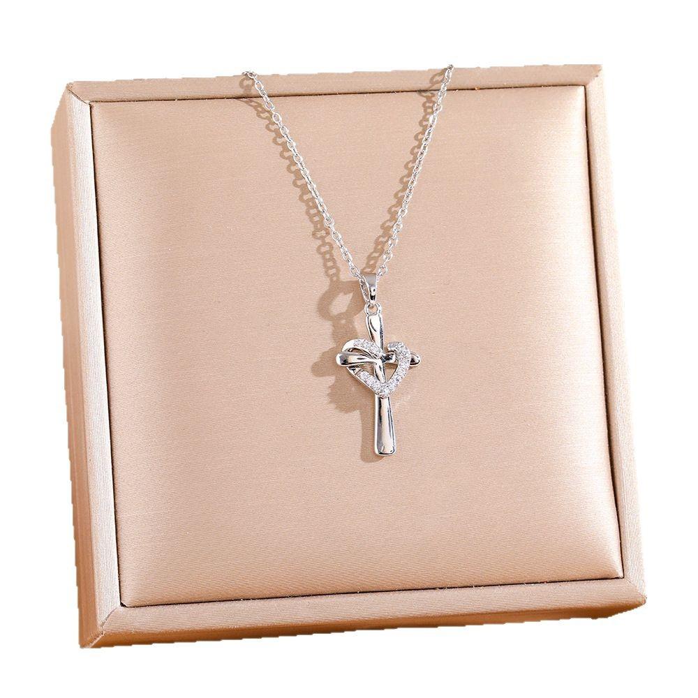 Trendy Ins Style Small Cross Pendant Necklace with Gold Plated Heart and Zircon for Women