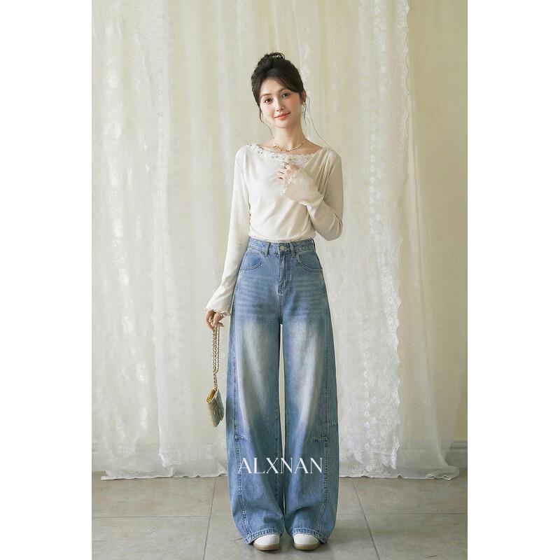 Luxiangnan Women's Blue High-Waisted Wide-Leg Jeans
