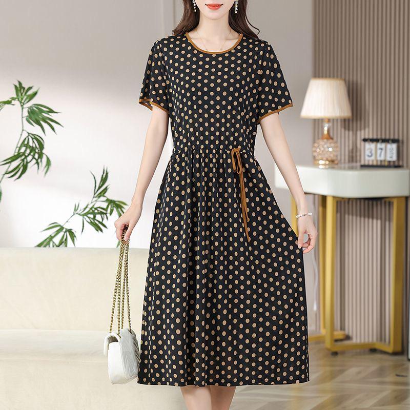 2026 Summer European & American Style Women's Multi-Color Printed High Waist Dress with Round Neck & Short Sleeves