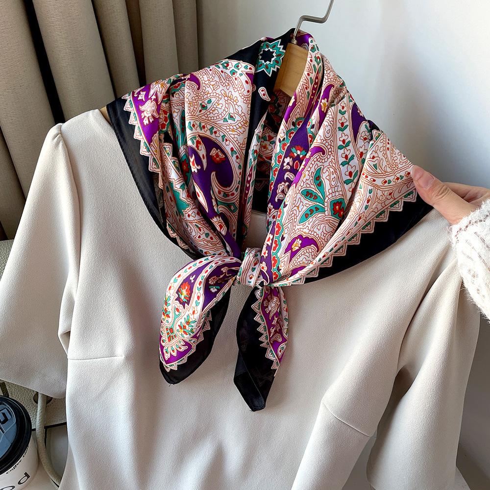 1116 Spring and Summer Flower Printing 71CM Satin Square Scarf Color Cashew Flower Bag Head Scarf Shawl Wholesale