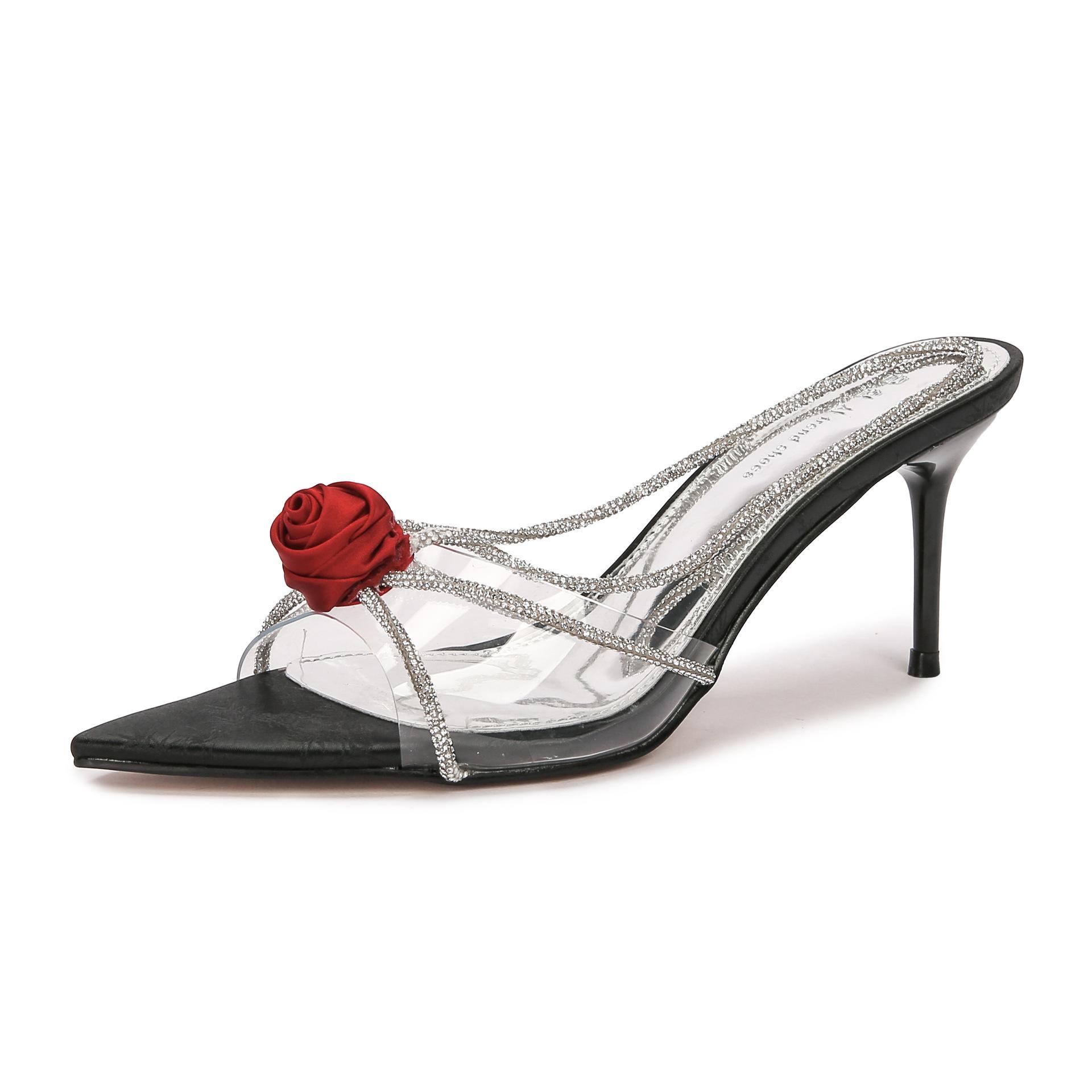 

Korean version of women s high heels, women s thin heels, royal style, open-toed rhinestone pointed sandals, women s high-end skirt 34