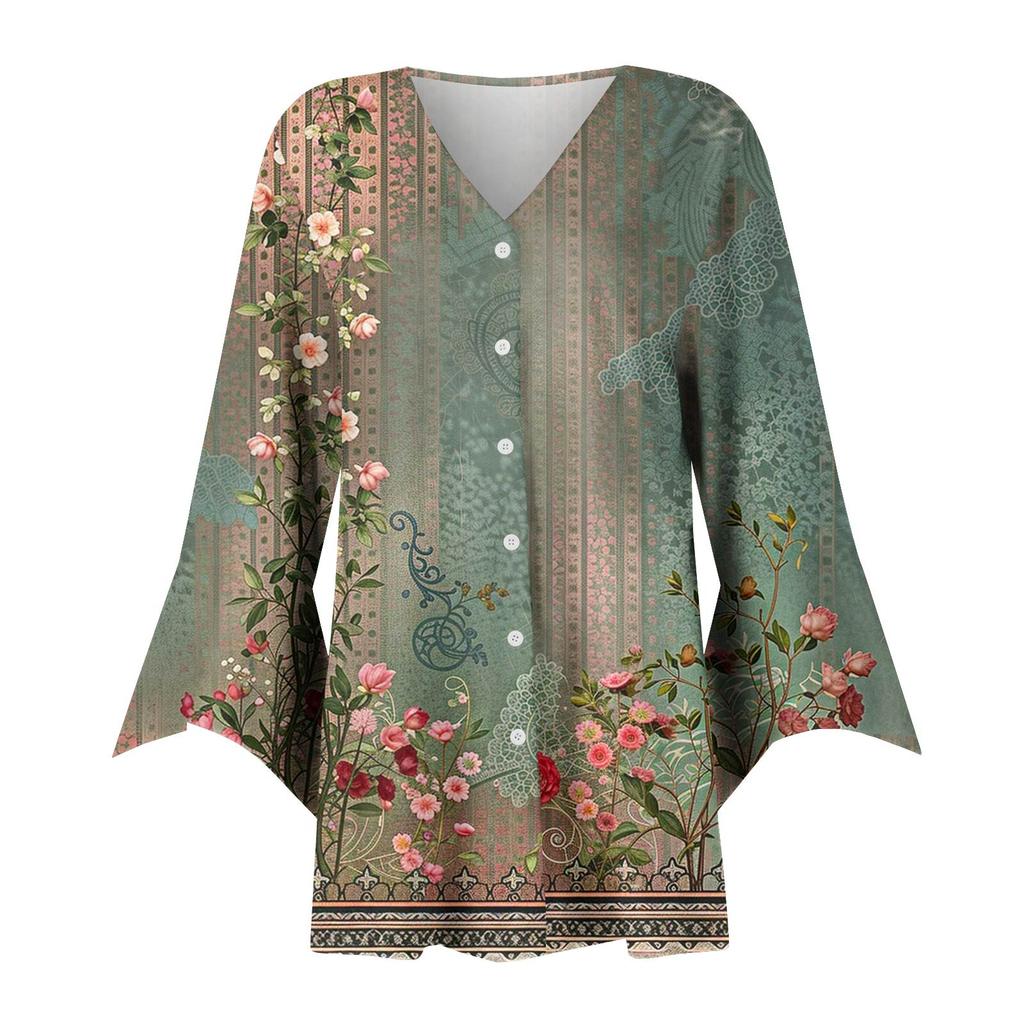 Women's Fashion Loose Casual Printed Seven-Part Sleeve Button Down Blouse Cardigan Top