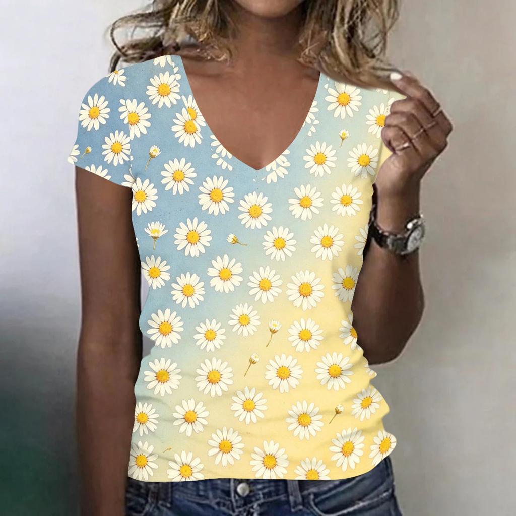 Women Casual V Neck Short Sleeve Floral Print T Shirt Lightweight Soft Fabric Comfortable Fit Summer Top