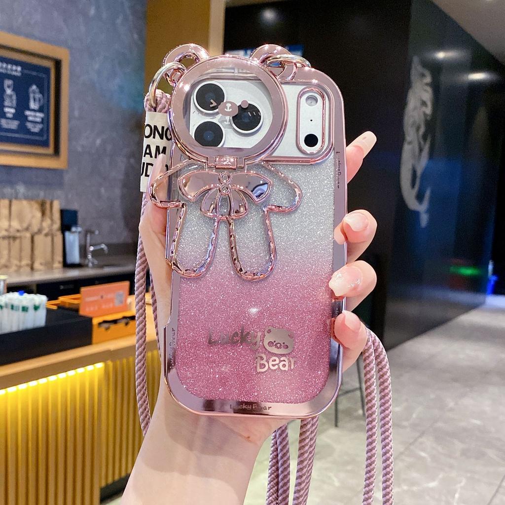 Lucky Bear Lanyard Mobile Phone Case Is Suitable for Apple 17PROMAX Anti-drop 16/15 Gradual Change Glitter 11/12 Personality