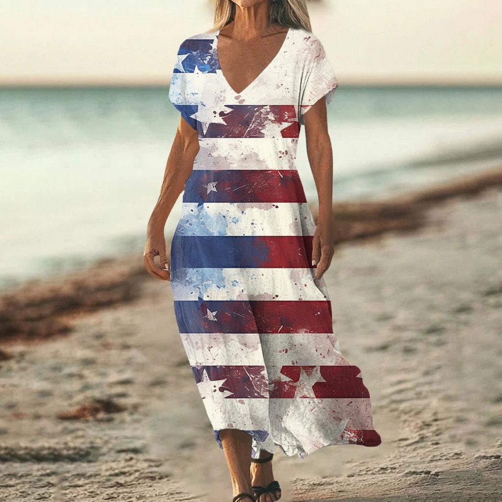Sommerkleid Damen Lang Strandkleid Elegantes Kleid V-Ausschnitt Kurzarm Sommerkleid Leicht Luftig