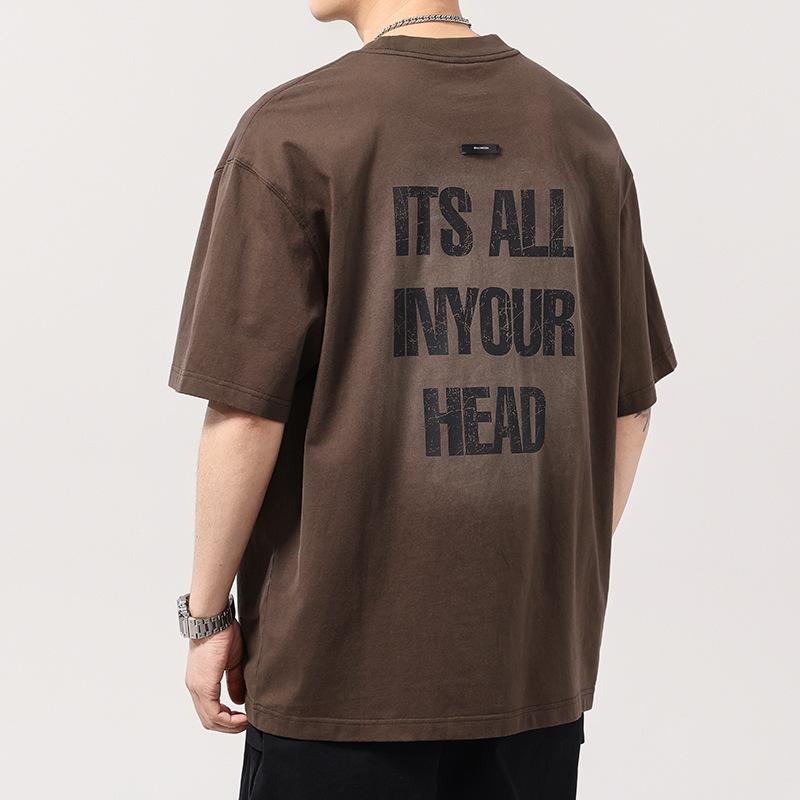 Washed Letters Short-sleeved T-shirt for Men's New Loose American Handsome Men's Base Shirt