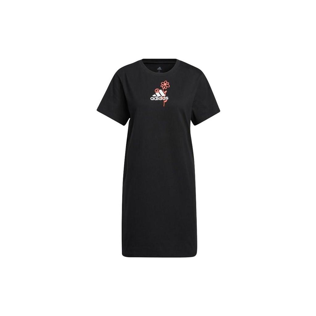 Adidas Floral Cartoon Print Round Neck Pullover Short Sleeve Dress Women Dress Black H57414