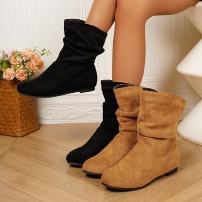 2025 Pleated Stack Boots Women's Winter New Large Size Round Toe Retro Mid-leg Boots