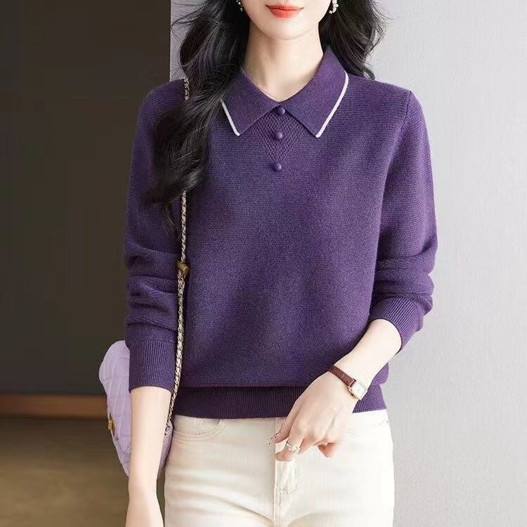 Autumn Winter Women's Sweater Polo Collar Knitted Top Large Loose Collar Pullover Stylish Bottom Shirt
