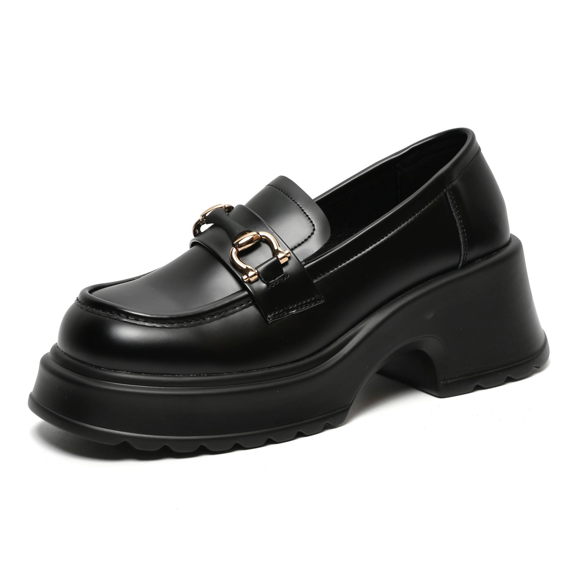 

Новые весенние кожаные модные удобные лоферы с круглым носком на толстом среднем каблуке и толстой подошвой, одинарные туфли 40 чёрный