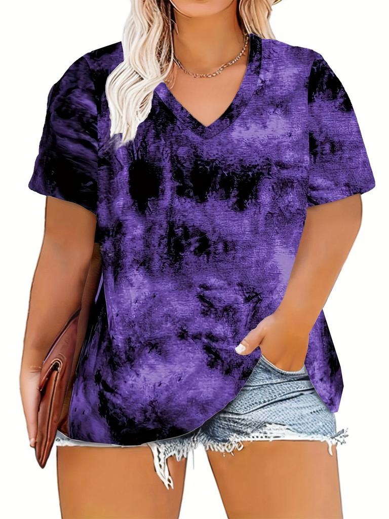Plus Size Tie-Dye V-Neck Top for Women - Purple, Red, Gray
