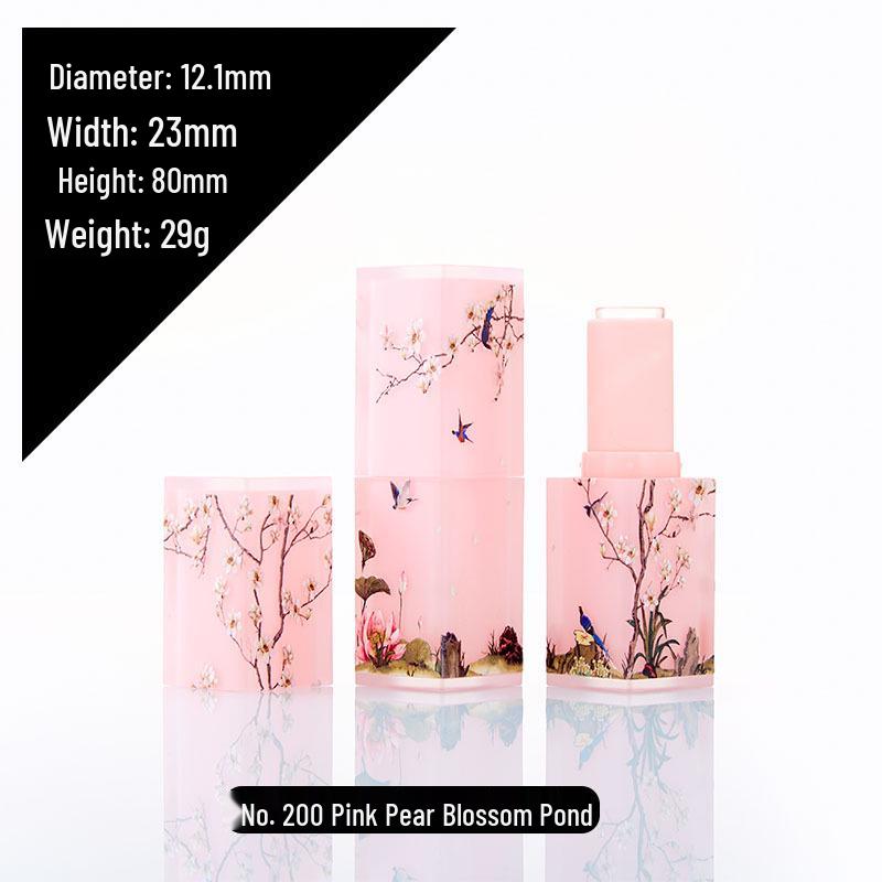 Elegant Frosted Translucent Square Lipstick Tube - Chinese Style 3D Printed Magpie Floral Design, 12.1g