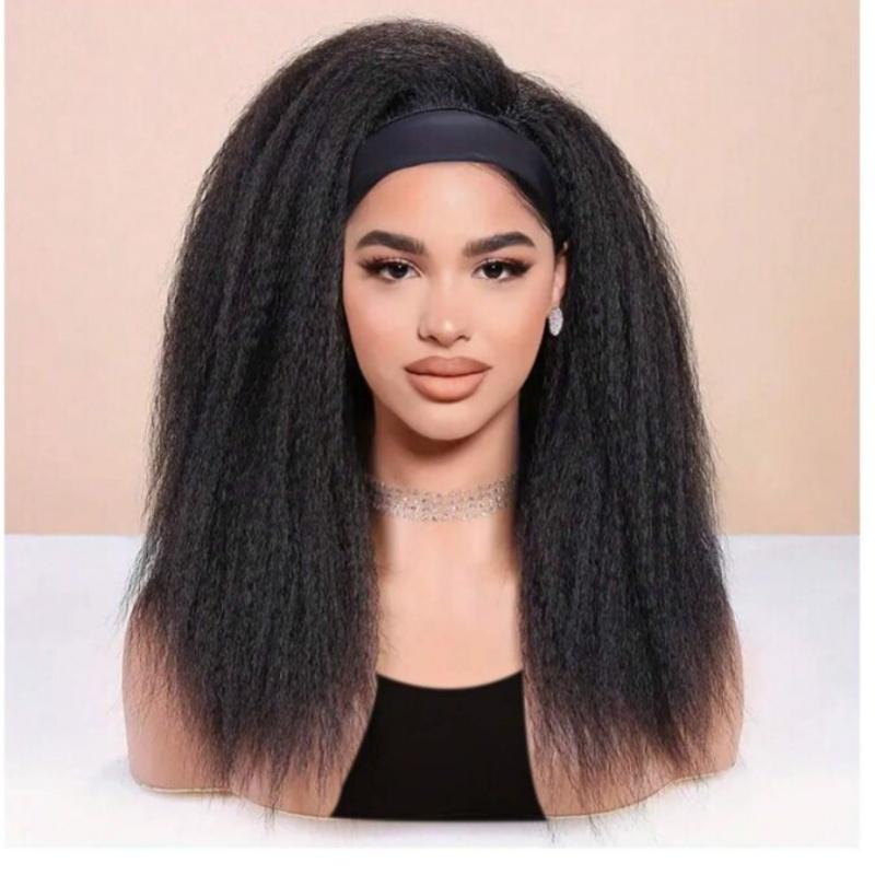 Long Kinky Straight Hair Wigs For Black Women, Synthetic Headband Wig, Hair Band Attached Half Wig, Full Machine Made, None Lace