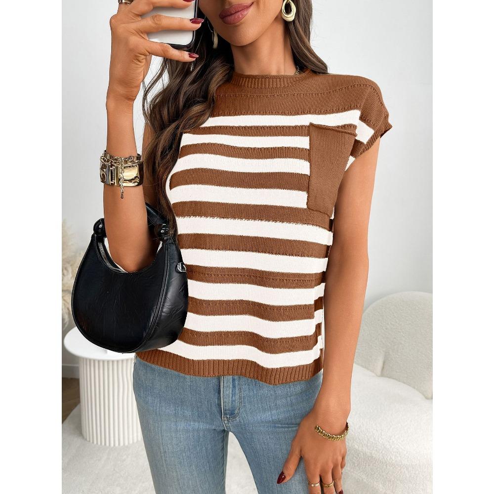 Summer New Women's Round Neck Top Knitted Casual Striped Sweater
