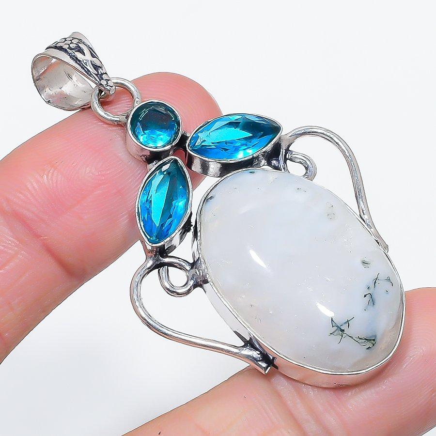 

Натуральный Древесный Агат, Топаз 925 Стерлинговое Серебро Ювелирный Подвеска 2,36 H1h71