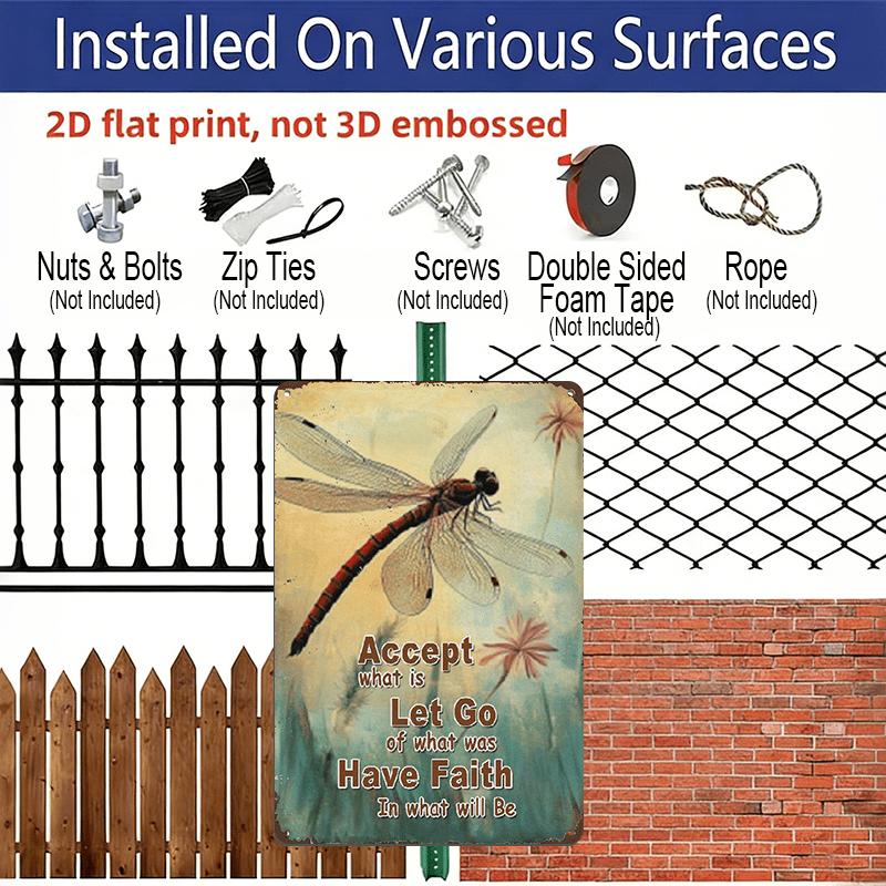 2D Flat, 1pc Vintage "Accept, Let Go, Have Faith" Dragonfly Aluminium Sign - 8"x12" Rustic Spiritual & Nature Decor, Inspirational Wall Art, Perfect