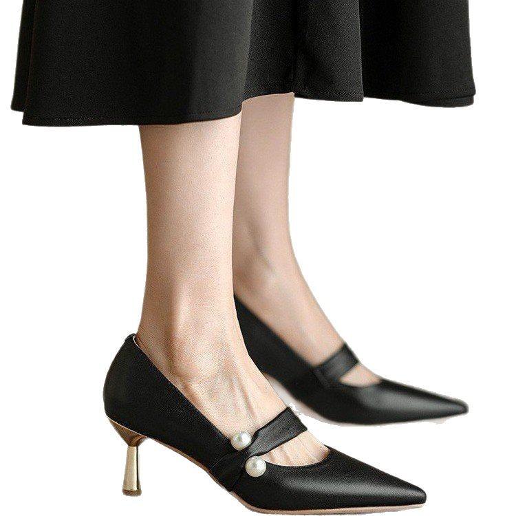 Fairy white French high heels female pointed  new spring and autumn wedding shoes niche premium pearl single shoes small heel