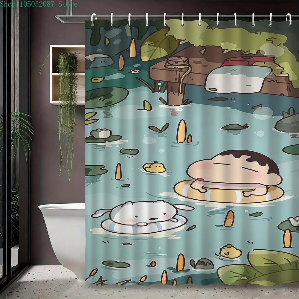 Crayon Shin-Chan Himawari & Pink Crocodile Toy Cartoon 2D Print Waterproof Shower Curtain, Minimalist White With Colorful Stars