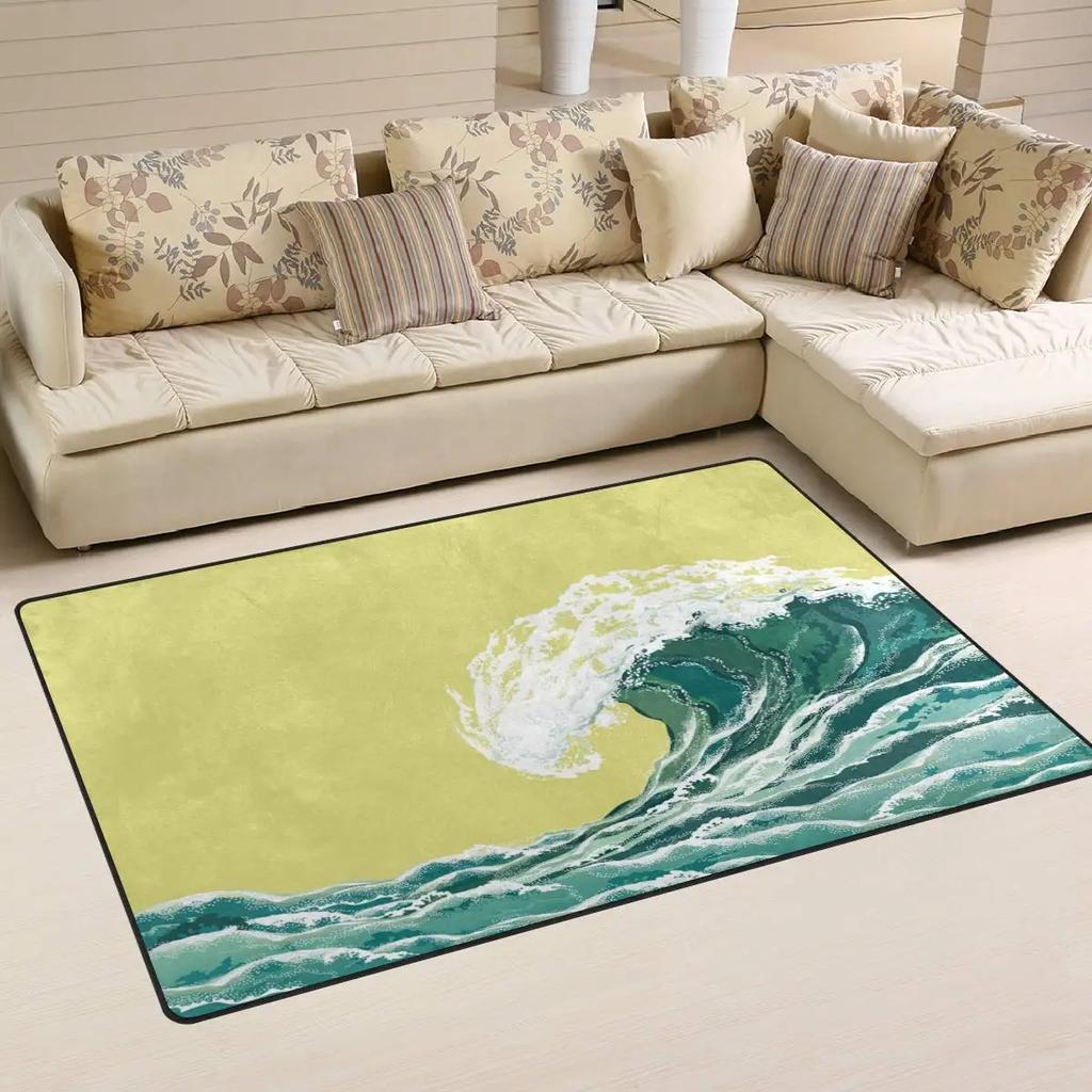 Japanese Ocean Wave Carpet Ukiyo-E Nautical Area Rug Cherry Blossoms Mount Fuji Floor Mat Red Sun Gold Sky Mats Home Doormat