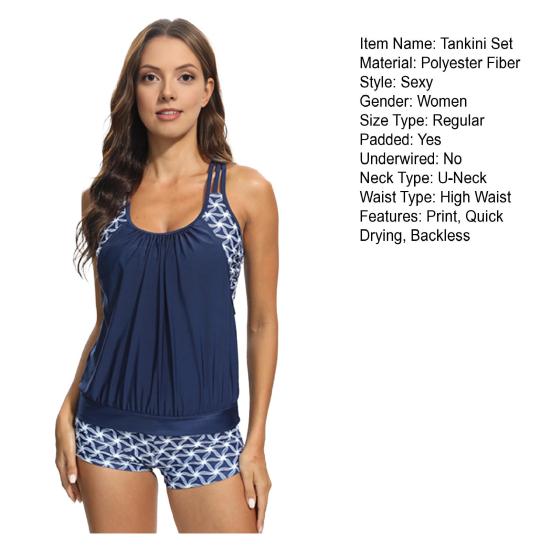 2Pcs/Set Tankini Set U-Neck Printing Backless Tops High Waist Swimming Trunks Set Quick Drying Swimwear Beach Wear