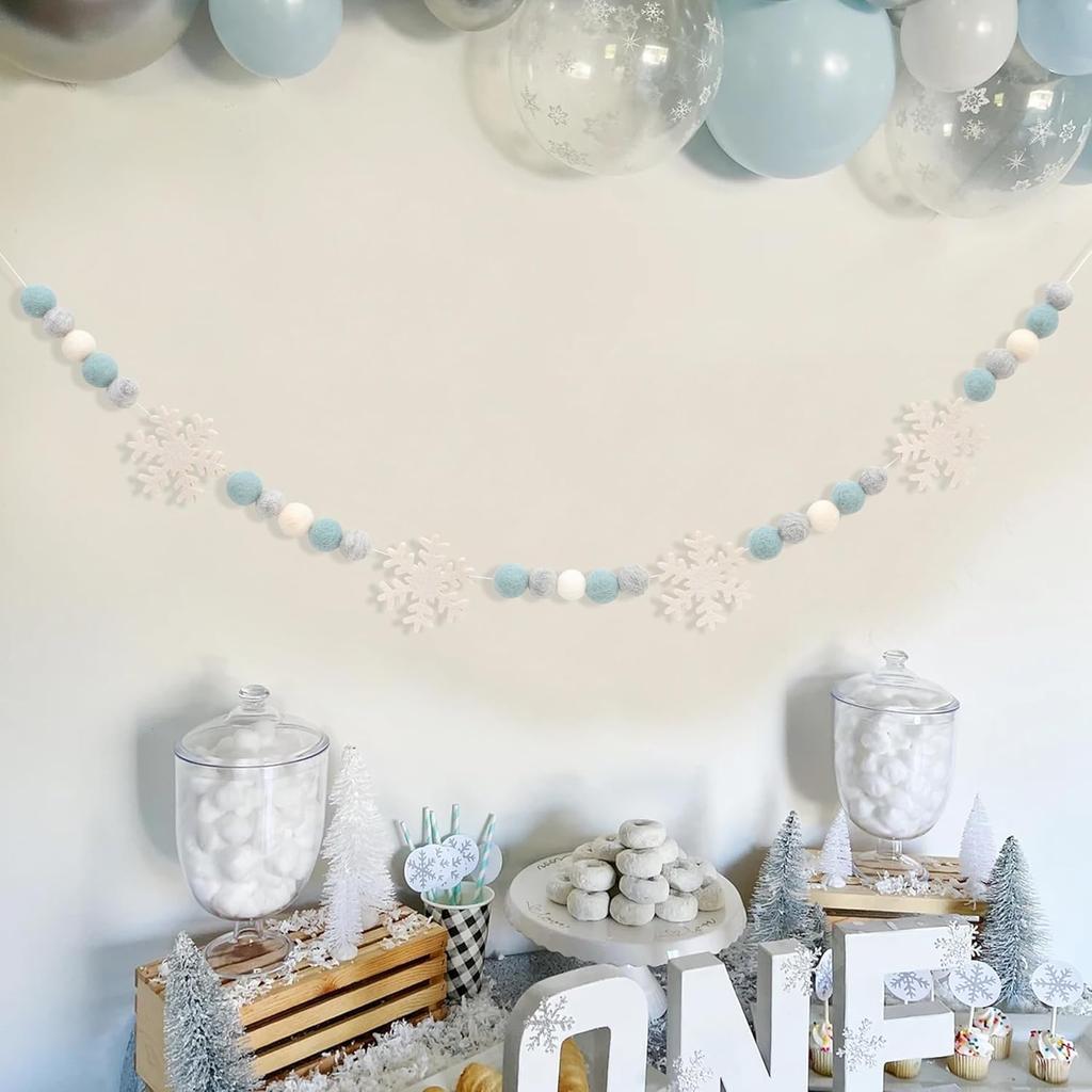 Snowflake Felt Ball Garland - Winter Birthday Home Decorations,Frozen Snowflake Garland Photo Props,Winter Wonderland Felt Ball Banner,Felt Snowflake