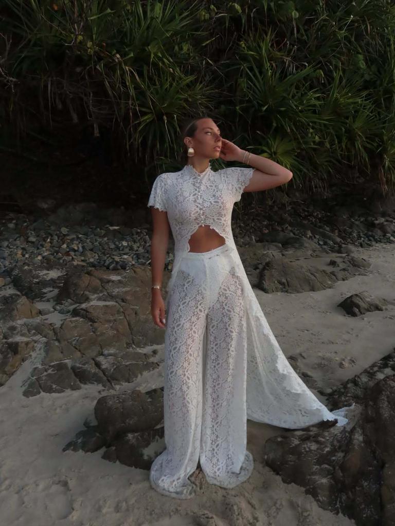 White Lace High Neck Short Sleeve Top and Wide Leg Pants Set