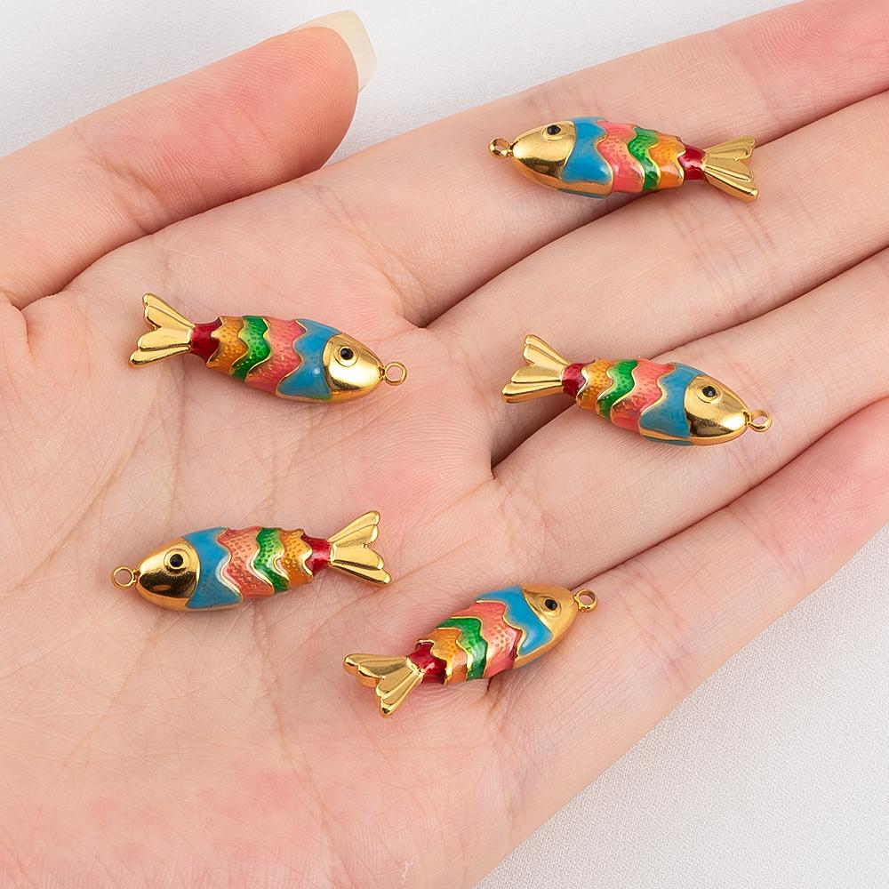 1pc 304 Stainless Steel Iridescent Enamel Fish Pendant Ocean Theme For DIY Bracelet Necklace Jewelry Finding Fashion Accessories