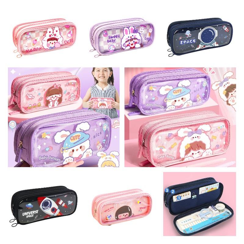 Tong Zhuo Transparentes Federmäppchen mit großer Kapazität für Jungen und Mädchen der Grundschule, Cartoon-Stil 8100 Pinkes Mädchen