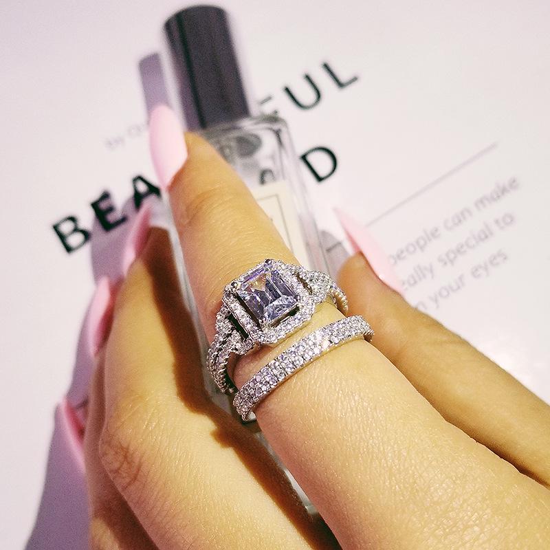 European and American Flash Diamond Rectangular Ring: Micro-Paved Full Diamond Wedding Band for Women (R2101-R4414)