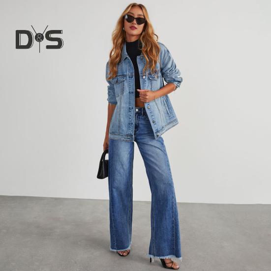 Pantalones vaqueros elásticos de cintura alta para mujer, pantalones vaqueros de pierna ancha, casuales, de pierna recta, con dobladillo deshilachado y bolsillos