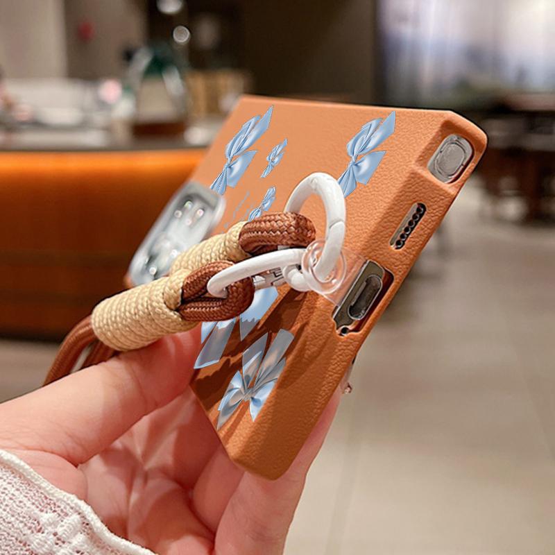 Bowknot Print Leather Texture Slim Matte Case For Samsung S25 Ultra S24 FE S23 A16 A56 A55 A36 A15 A35 Lanyard Rope Shockproof TPU Soft Phone Cover