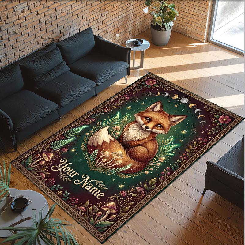 Covor de podea din catifea de cristal cu tematică vulpe, personalizat cu nume și text, covor cald pentru decorarea casei