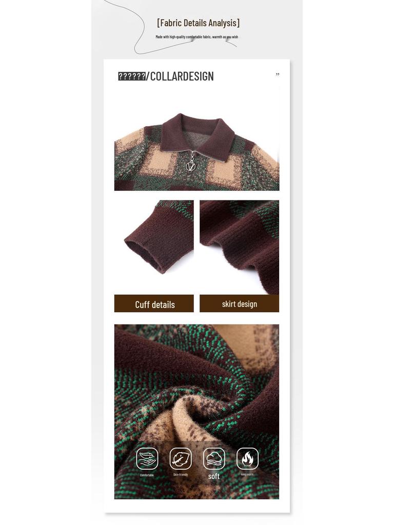 Karriertes Koreanisches Samt-Revers-Reißverschluss-Strickjacke für mittelalte und ältere Frauen – Herbst/Winter Strickwarenmantel