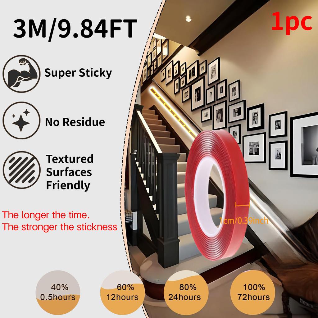 Red Acrylic Double-Sided Tape, Transparent, Strong Adhesive, No Trace, 6mm–30mm, for Phone, LCD, and Car Use