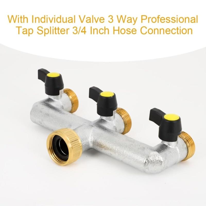 3/4 Inch Tap Splitter 3 Way Hose Connector Hose Tap Splitter Connection with 3 Individual Valves for Home Garden Kitchen