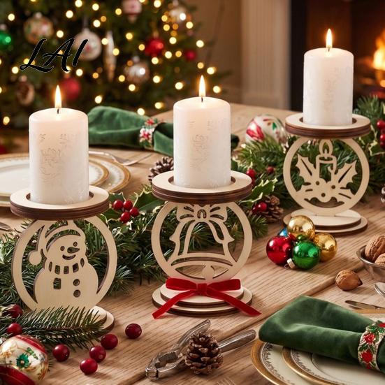 Decorative Wooden Candle Tray 3Pcs Christmas Holder Detachable Tealight Stand with Hollow Natural Wood Carving Crafts Carved Snowman/Bell/Candle