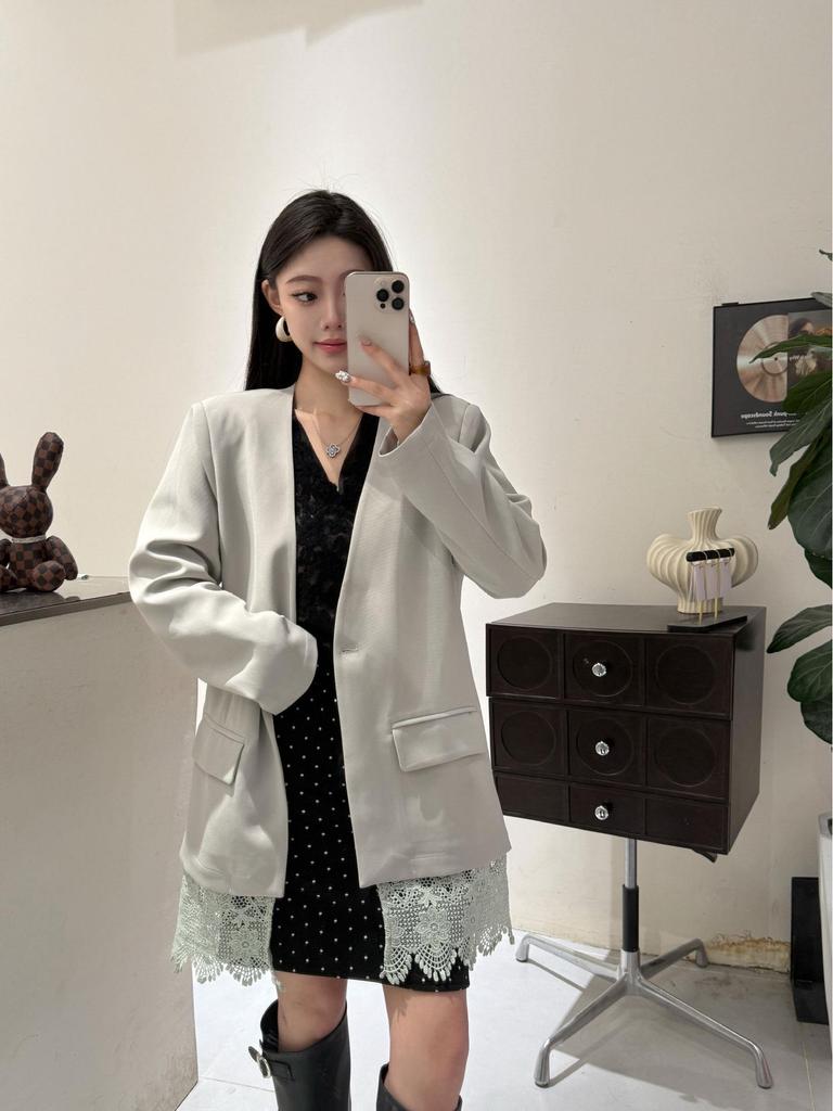 Korean V-Neck Mid-Length Patchwork Lace Suit Jacket for Women