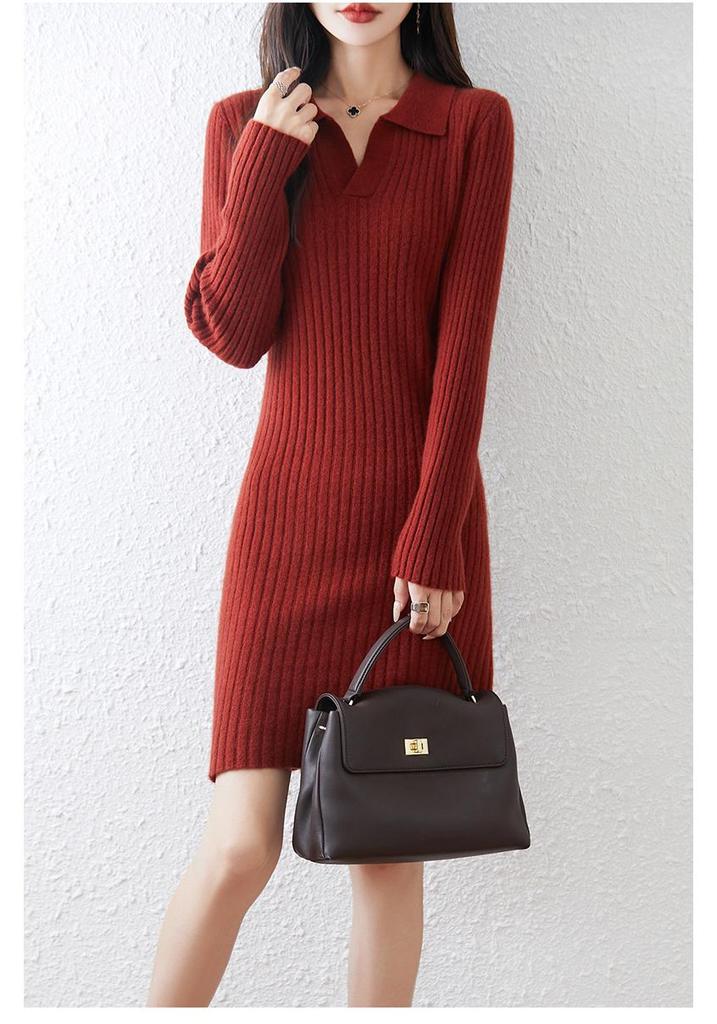 Women's Polo Neck Wool Sweater Dress - Slim Fit, Knee-Length, Ideal as Base Layer for Autumn/Winter Coats