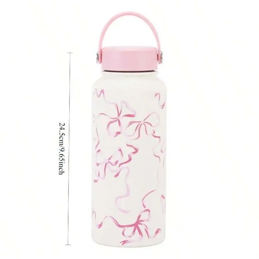 Portable Wide Mouth Kettle Thermos, Cute Bow Printed Sports Kettle, 1-Liter Large Capacity Coffee Cup, Ideal Gift Choice