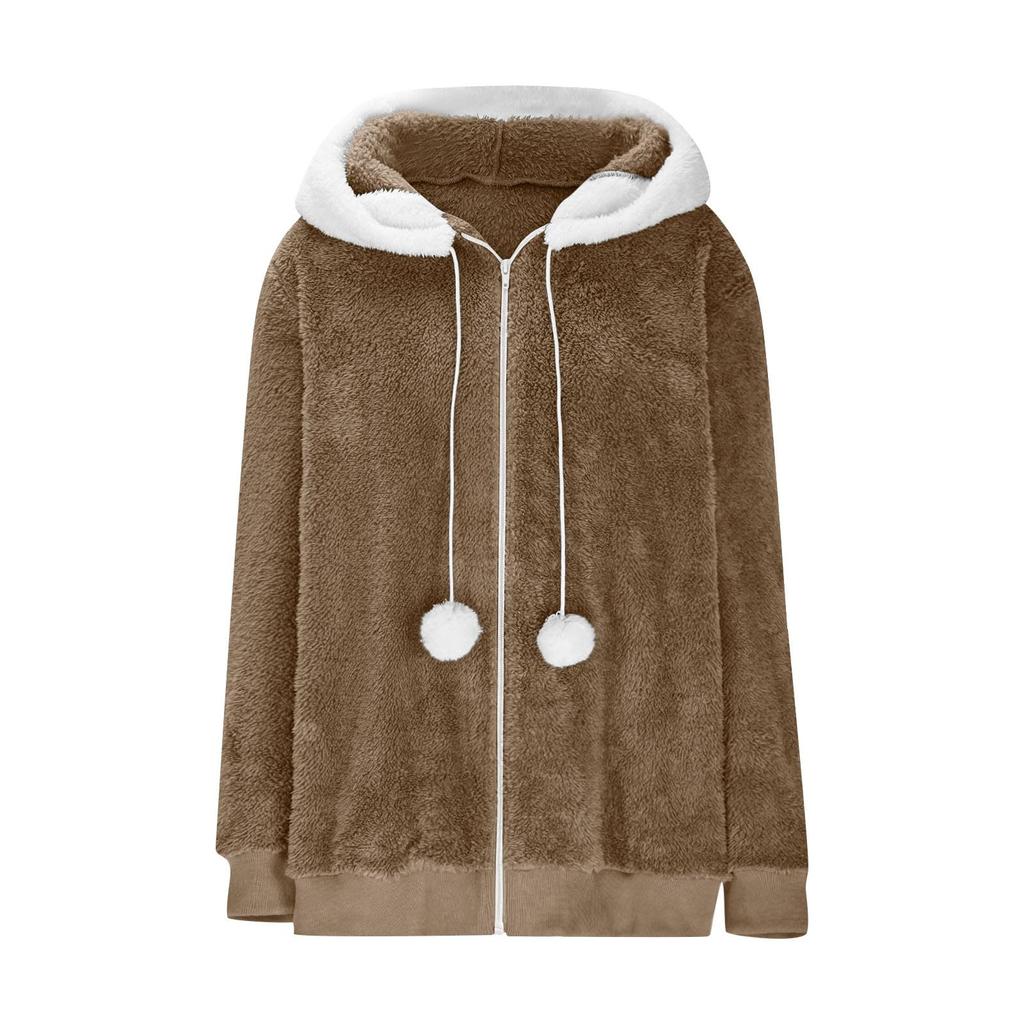 Dámská ležérní jednobarevná plyšová bunda s kapucí na zip a kapsami