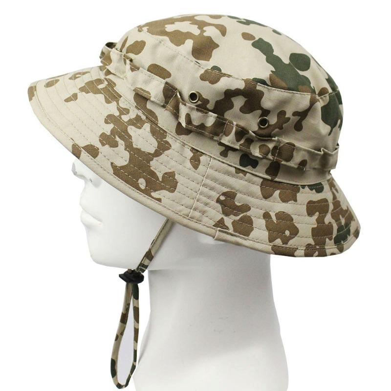 Cappello a secchiello mimetico tattico con visiera corta e tesa rotonda, cappello da pescatore mimetico stile militare, cappello da sole per escursionismo, caccia e attività all'aperto